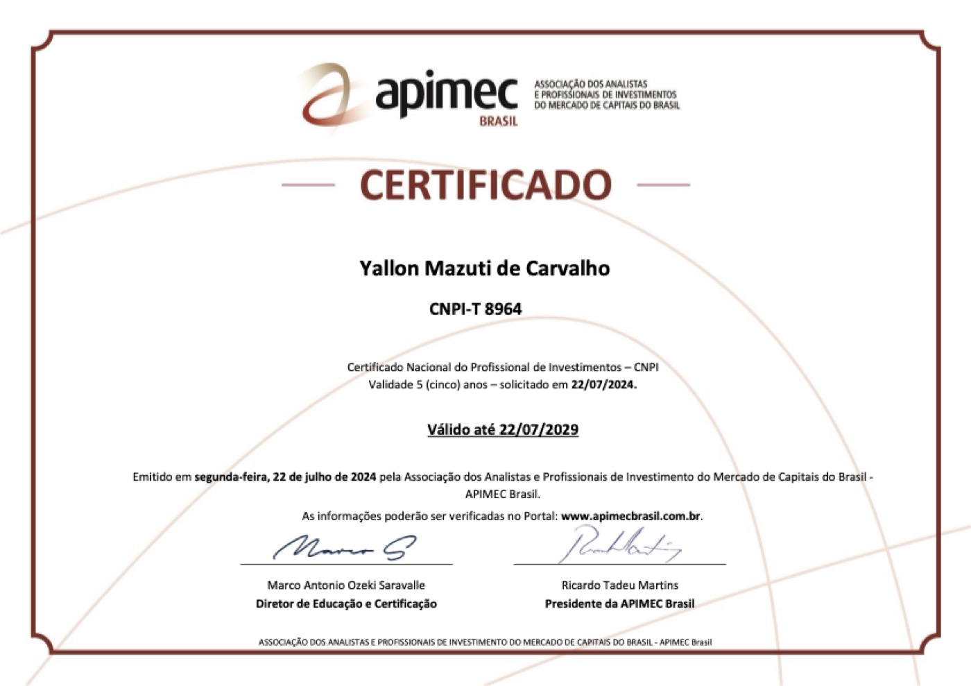 Certificado CNPI-T 8964 APIMEC